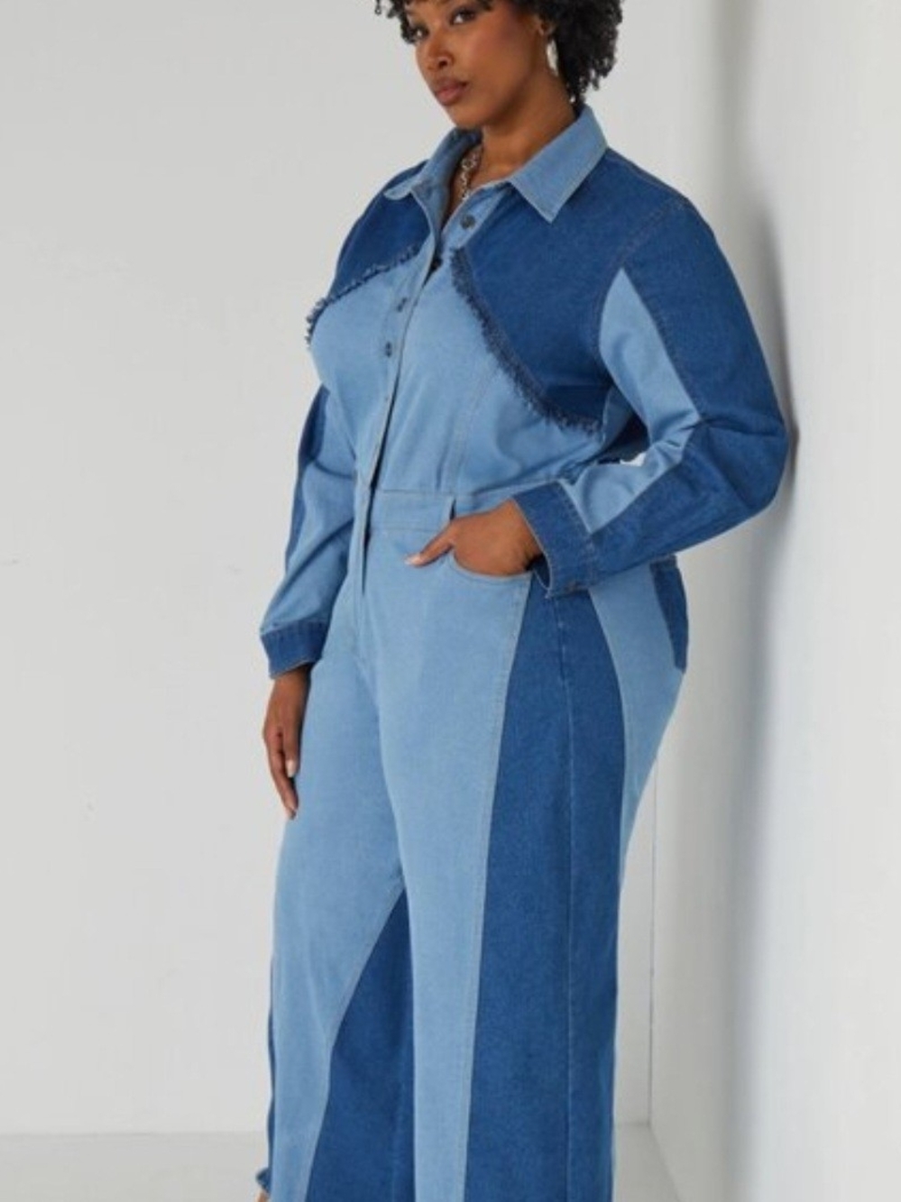 Ashley Stewart Two-Tone Denim Jumpsuit - Light & Dark Blue